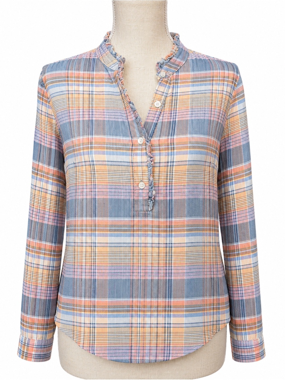 Ruffle-Neck Plaid Button Henley Blouse - Pink & Blue